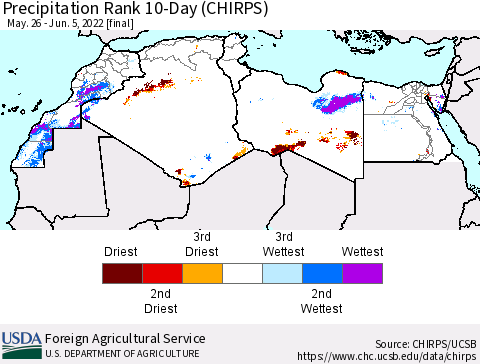 North Africa Precipitation Rank since 1981, 10-Day (CHIRPS) Thematic Map For 5/26/2022 - 6/5/2022