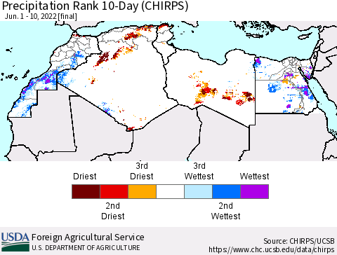 North Africa Precipitation Rank since 1981, 10-Day (CHIRPS) Thematic Map For 6/1/2022 - 6/10/2022