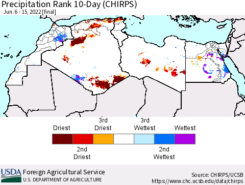 North Africa Precipitation Rank since 1981, 10-Day (CHIRPS) Thematic Map For 6/6/2022 - 6/15/2022