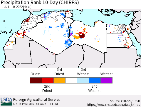 North Africa Precipitation Rank since 1981, 10-Day (CHIRPS) Thematic Map For 7/1/2022 - 7/10/2022