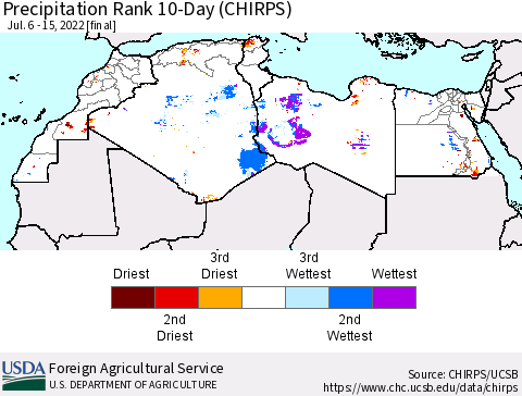 North Africa Precipitation Rank since 1981, 10-Day (CHIRPS) Thematic Map For 7/6/2022 - 7/15/2022