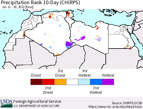 North Africa Precipitation Rank since 1981, 10-Day (CHIRPS) Thematic Map For 7/11/2022 - 7/20/2022