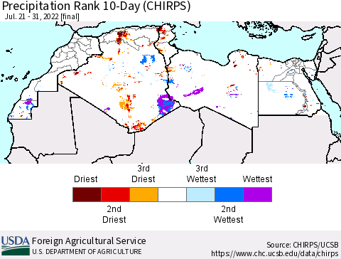 North Africa Precipitation Rank since 1981, 10-Day (CHIRPS) Thematic Map For 7/21/2022 - 7/31/2022