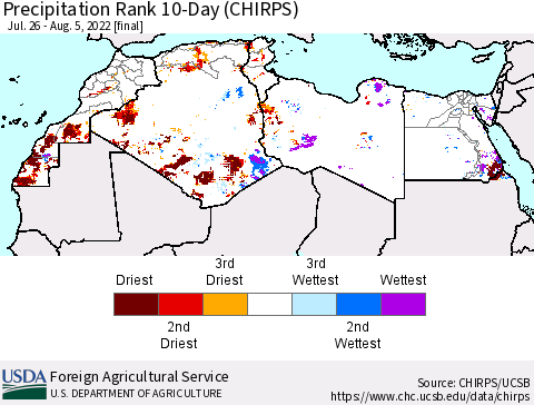 North Africa Precipitation Rank since 1981, 10-Day (CHIRPS) Thematic Map For 7/26/2022 - 8/5/2022