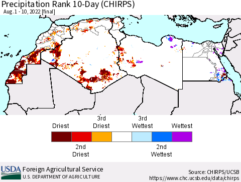 North Africa Precipitation Rank since 1981, 10-Day (CHIRPS) Thematic Map For 8/1/2022 - 8/10/2022