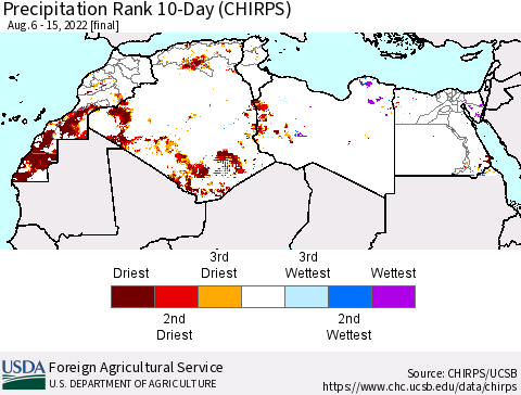 North Africa Precipitation Rank since 1981, 10-Day (CHIRPS) Thematic Map For 8/6/2022 - 8/15/2022