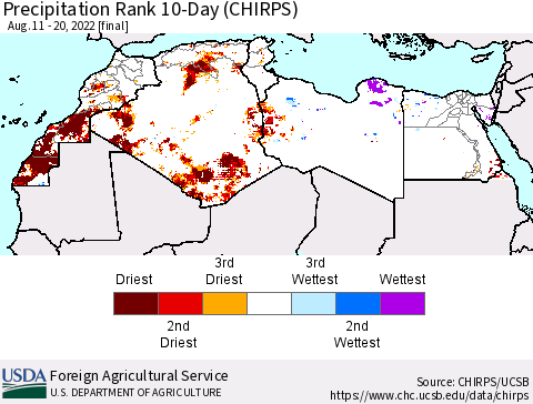 North Africa Precipitation Rank since 1981, 10-Day (CHIRPS) Thematic Map For 8/11/2022 - 8/20/2022