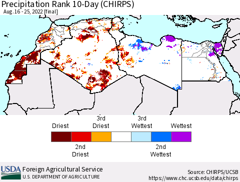 North Africa Precipitation Rank since 1981, 10-Day (CHIRPS) Thematic Map For 8/16/2022 - 8/25/2022