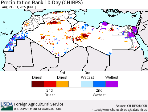 North Africa Precipitation Rank since 1981, 10-Day (CHIRPS) Thematic Map For 8/21/2022 - 8/31/2022