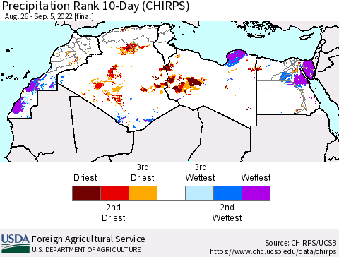 North Africa Precipitation Rank since 1981, 10-Day (CHIRPS) Thematic Map For 8/26/2022 - 9/5/2022