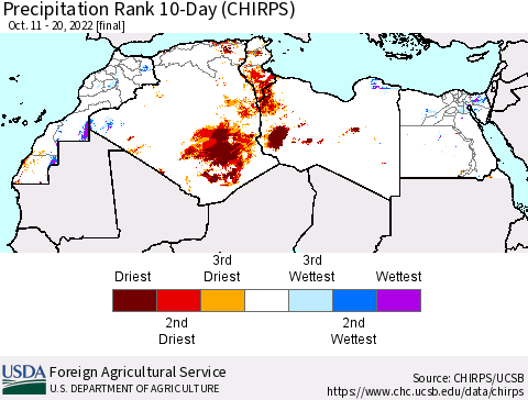 North Africa Precipitation Rank since 1981, 10-Day (CHIRPS) Thematic Map For 10/11/2022 - 10/20/2022