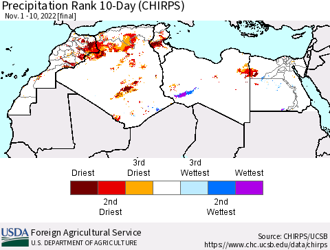 North Africa Precipitation Rank since 1981, 10-Day (CHIRPS) Thematic Map For 11/1/2022 - 11/10/2022
