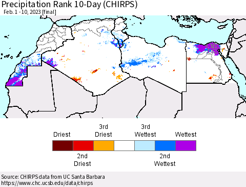 North Africa Precipitation Rank since 1981, 10-Day (CHIRPS) Thematic Map For 2/1/2023 - 2/10/2023