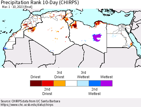 North Africa Precipitation Rank since 1981, 10-Day (CHIRPS) Thematic Map For 3/1/2023 - 3/10/2023