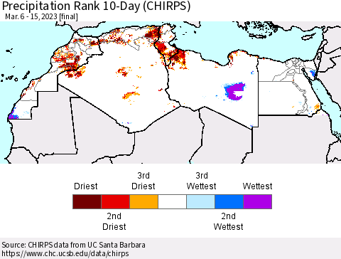 North Africa Precipitation Rank since 1981, 10-Day (CHIRPS) Thematic Map For 3/6/2023 - 3/15/2023