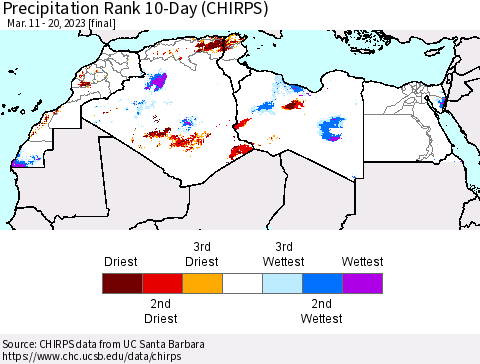 North Africa Precipitation Rank since 1981, 10-Day (CHIRPS) Thematic Map For 3/11/2023 - 3/20/2023