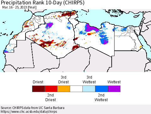 North Africa Precipitation Rank since 1981, 10-Day (CHIRPS) Thematic Map For 3/16/2023 - 3/25/2023