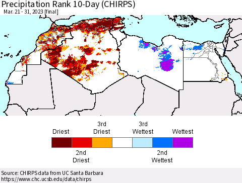 North Africa Precipitation Rank since 1981, 10-Day (CHIRPS) Thematic Map For 3/21/2023 - 3/31/2023