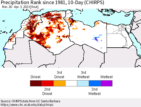 North Africa Precipitation Rank since 1981, 10-Day (CHIRPS) Thematic Map For 3/26/2023 - 4/5/2023