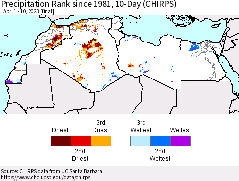 North Africa Precipitation Rank since 1981, 10-Day (CHIRPS) Thematic Map For 4/1/2023 - 4/10/2023