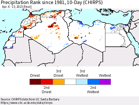 North Africa Precipitation Rank since 1981, 10-Day (CHIRPS) Thematic Map For 4/6/2023 - 4/15/2023