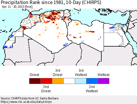 North Africa Precipitation Rank since 1981, 10-Day (CHIRPS) Thematic Map For 4/11/2023 - 4/20/2023