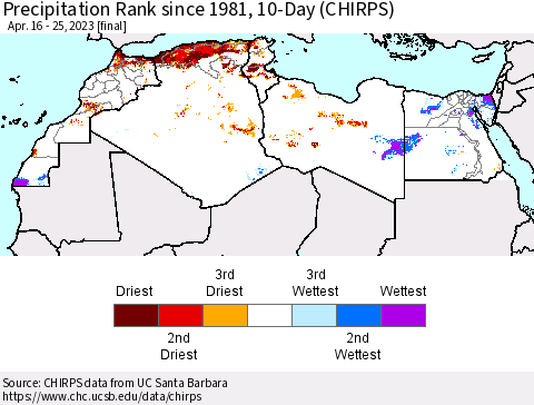 North Africa Precipitation Rank since 1981, 10-Day (CHIRPS) Thematic Map For 4/16/2023 - 4/25/2023