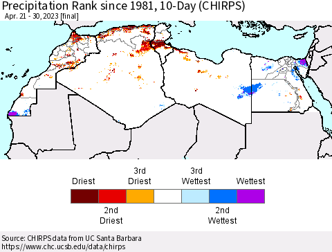 North Africa Precipitation Rank since 1981, 10-Day (CHIRPS) Thematic Map For 4/21/2023 - 4/30/2023