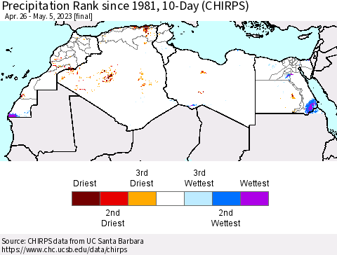 North Africa Precipitation Rank since 1981, 10-Day (CHIRPS) Thematic Map For 4/26/2023 - 5/5/2023