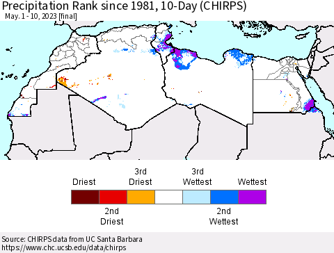 North Africa Precipitation Rank since 1981, 10-Day (CHIRPS) Thematic Map For 5/1/2023 - 5/10/2023