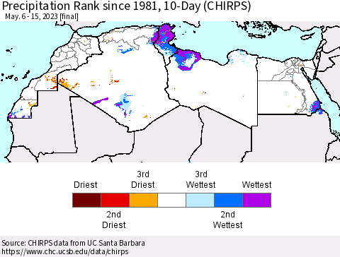 North Africa Precipitation Rank since 1981, 10-Day (CHIRPS) Thematic Map For 5/6/2023 - 5/15/2023