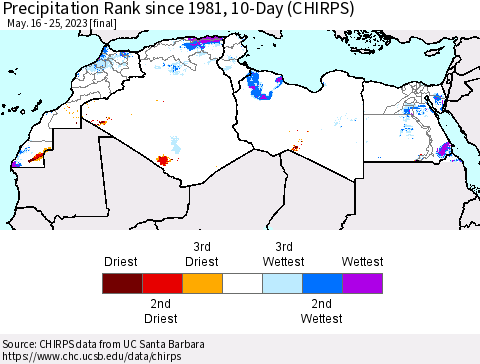 North Africa Precipitation Rank since 1981, 10-Day (CHIRPS) Thematic Map For 5/16/2023 - 5/25/2023