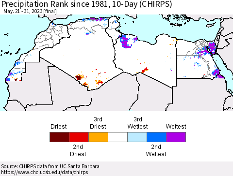 North Africa Precipitation Rank since 1981, 10-Day (CHIRPS) Thematic Map For 5/21/2023 - 5/31/2023