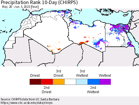 North Africa Precipitation Rank since 1981, 10-Day (CHIRPS) Thematic Map For 5/26/2023 - 6/5/2023