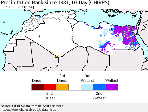 North Africa Precipitation Rank since 1981, 10-Day (CHIRPS) Thematic Map For 6/1/2023 - 6/10/2023