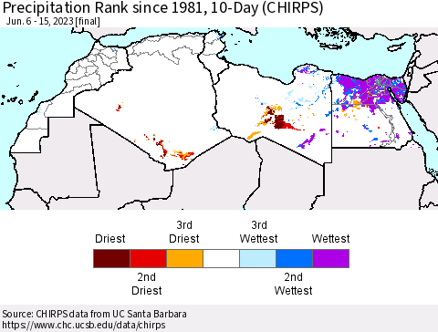 North Africa Precipitation Rank since 1981, 10-Day (CHIRPS) Thematic Map For 6/6/2023 - 6/15/2023