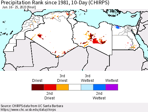 North Africa Precipitation Rank since 1981, 10-Day (CHIRPS) Thematic Map For 6/16/2023 - 6/25/2023
