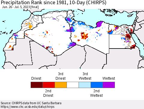 North Africa Precipitation Rank since 1981, 10-Day (CHIRPS) Thematic Map For 6/26/2023 - 7/5/2023