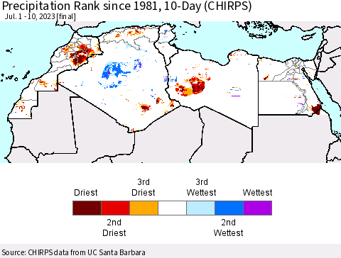 North Africa Precipitation Rank since 1981, 10-Day (CHIRPS) Thematic Map For 7/1/2023 - 7/10/2023