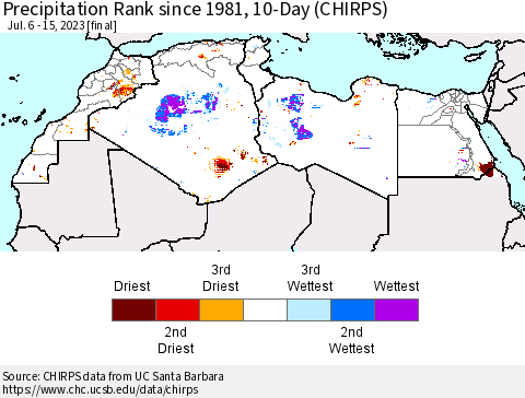 North Africa Precipitation Rank since 1981, 10-Day (CHIRPS) Thematic Map For 7/6/2023 - 7/15/2023