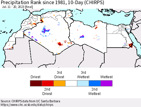 North Africa Precipitation Rank since 1981, 10-Day (CHIRPS) Thematic Map For 7/11/2023 - 7/20/2023