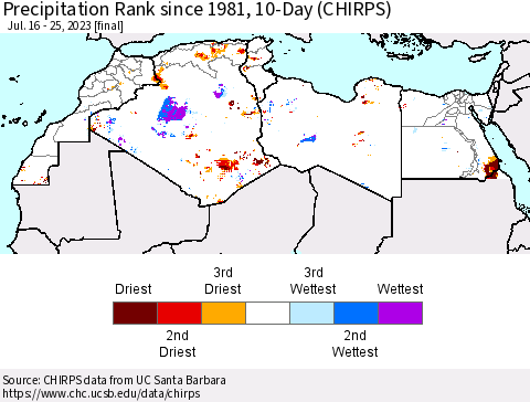 North Africa Precipitation Rank since 1981, 10-Day (CHIRPS) Thematic Map For 7/16/2023 - 7/25/2023