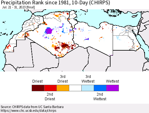 North Africa Precipitation Rank since 1981, 10-Day (CHIRPS) Thematic Map For 7/21/2023 - 7/31/2023