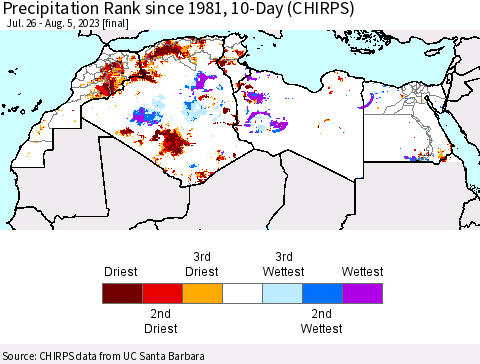 North Africa Precipitation Rank since 1981, 10-Day (CHIRPS) Thematic Map For 7/26/2023 - 8/5/2023