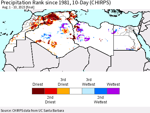North Africa Precipitation Rank since 1981, 10-Day (CHIRPS) Thematic Map For 8/1/2023 - 8/10/2023