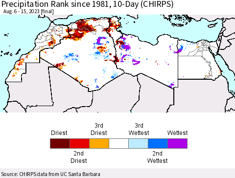North Africa Precipitation Rank since 1981, 10-Day (CHIRPS) Thematic Map For 8/6/2023 - 8/15/2023
