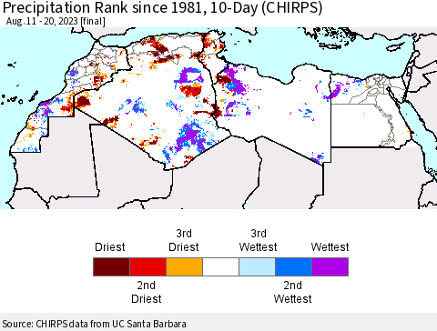 North Africa Precipitation Rank since 1981, 10-Day (CHIRPS) Thematic Map For 8/11/2023 - 8/20/2023