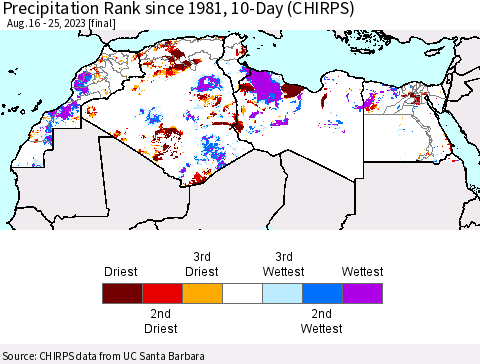 North Africa Precipitation Rank since 1981, 10-Day (CHIRPS) Thematic Map For 8/16/2023 - 8/25/2023