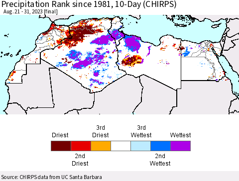 North Africa Precipitation Rank since 1981, 10-Day (CHIRPS) Thematic Map For 8/21/2023 - 8/31/2023