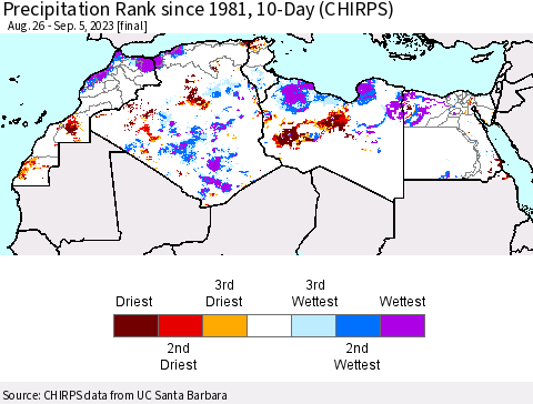 North Africa Precipitation Rank since 1981, 10-Day (CHIRPS) Thematic Map For 8/26/2023 - 9/5/2023
